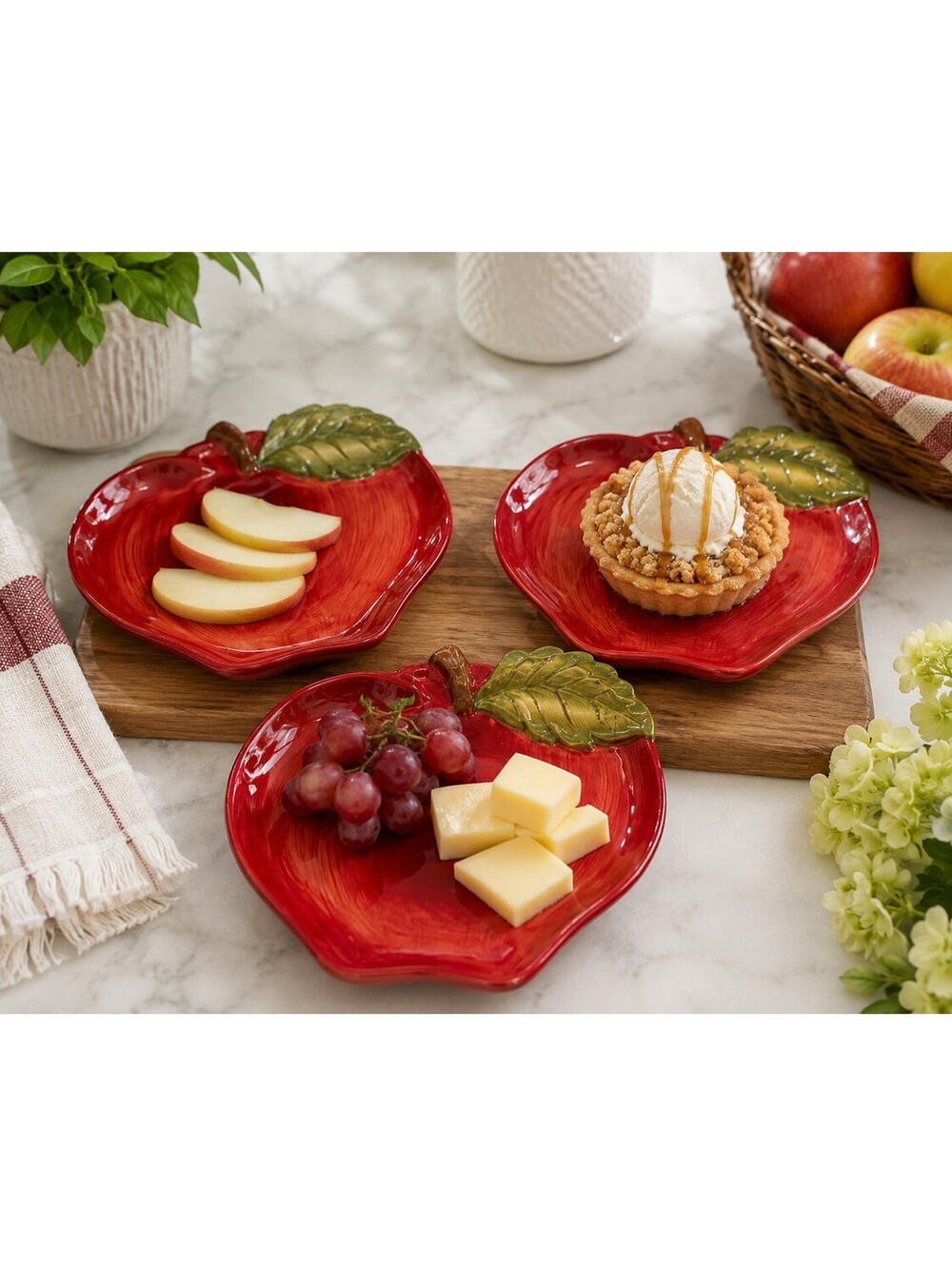 Sur La Table Red Apple Shaped Appetizer/Dessert Plates Set of 3 Fall Ceramic